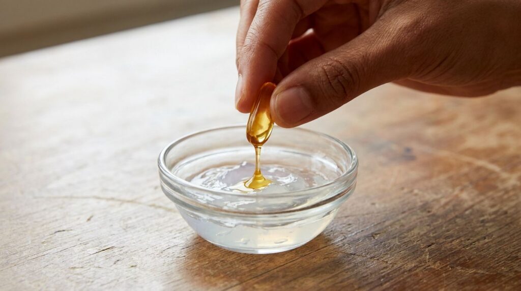 Close-up of a hand squeezing liquid Vitamin E from a capsule into a small bowl containing Vaseline ready for mixing