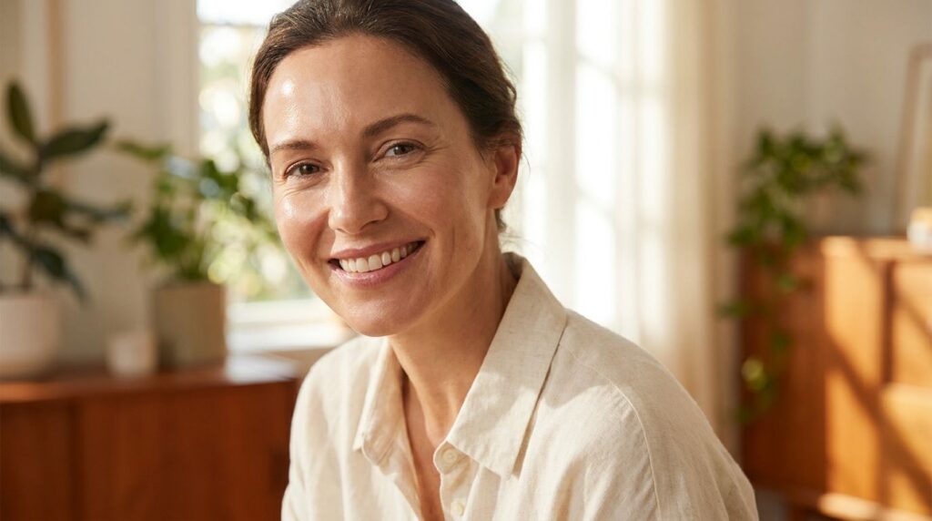 A woman in her 40s smiling confidently with smooth radiant skin suggesting the results of using natural anti-aging remed