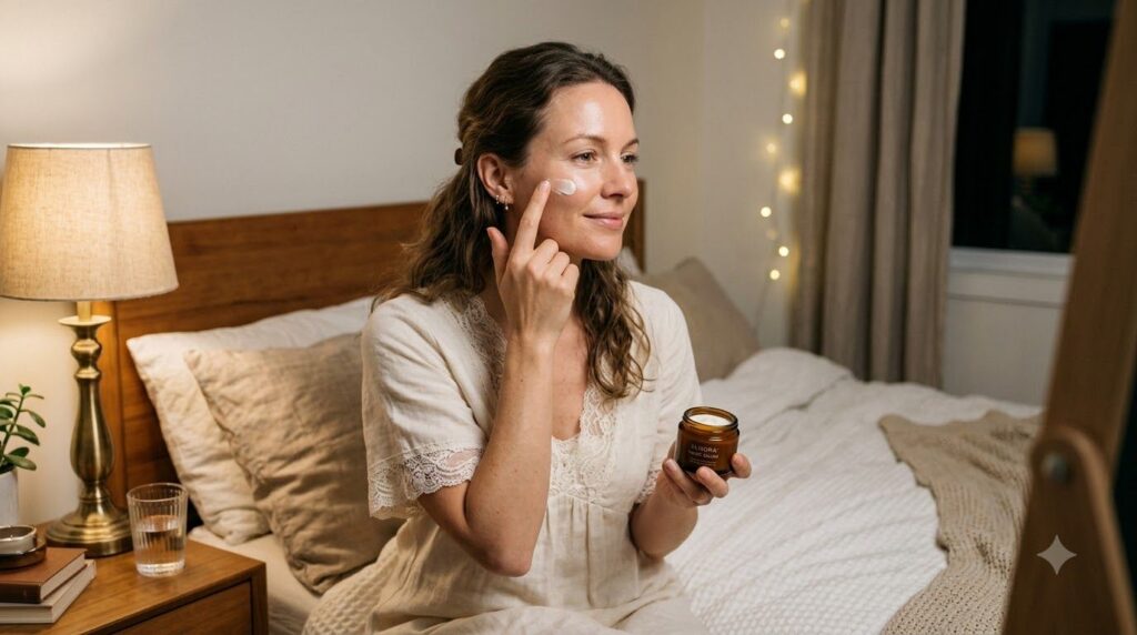 A woman gently applying a small amount of the homemade cream to her face before bedtime