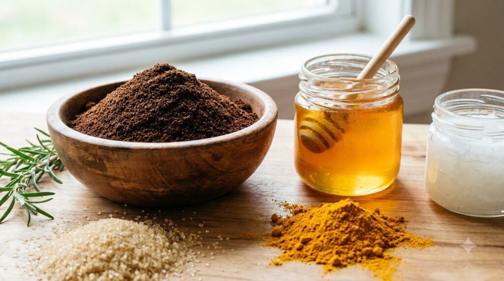 Close-up of a rustic wooden bowl containing fresh dry coffee grounds a small jar of golden honey and a vibrant yellow pi