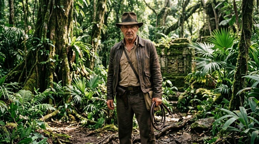 Harrison Ford as Indiana Jones wearing his iconic fedora and holding a whip in an adventurous setting like a jungle or a
