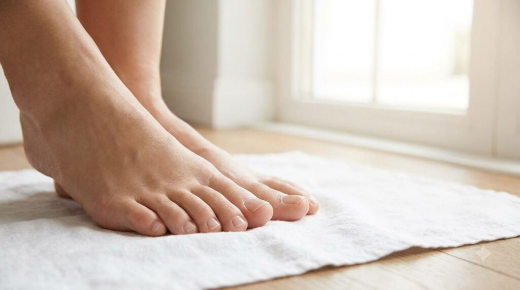 A close-up of healthy clear toenails on clean feet symbolizing the positive results of a nail care routine with a soft m