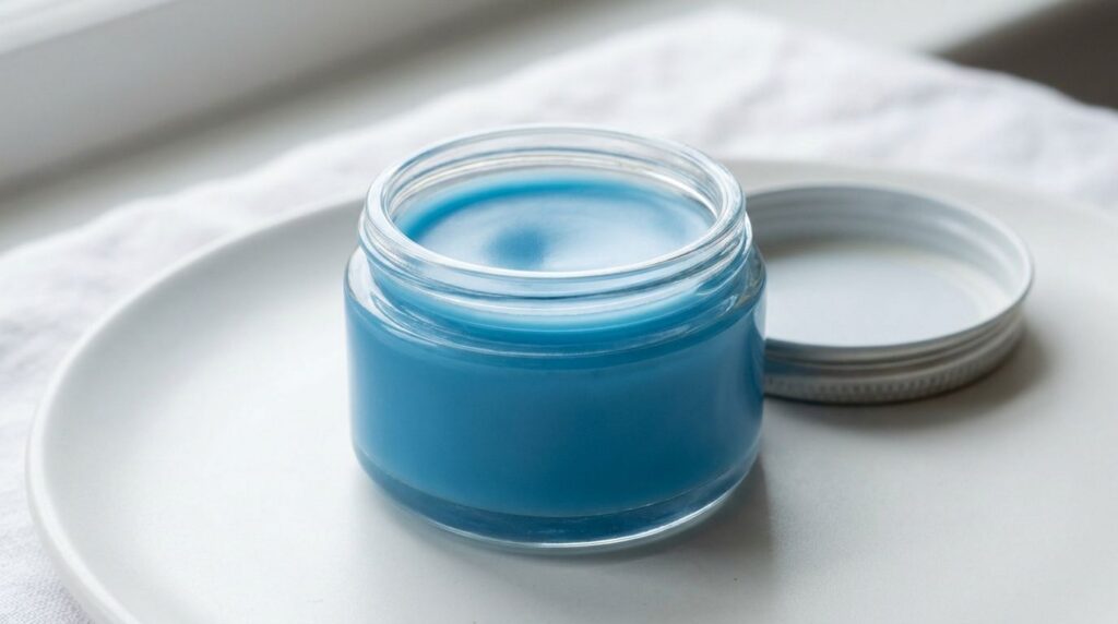 A small clean glass jar filled with the finished vibrant blue Azulene balm with a gentle glow emanating from within plac