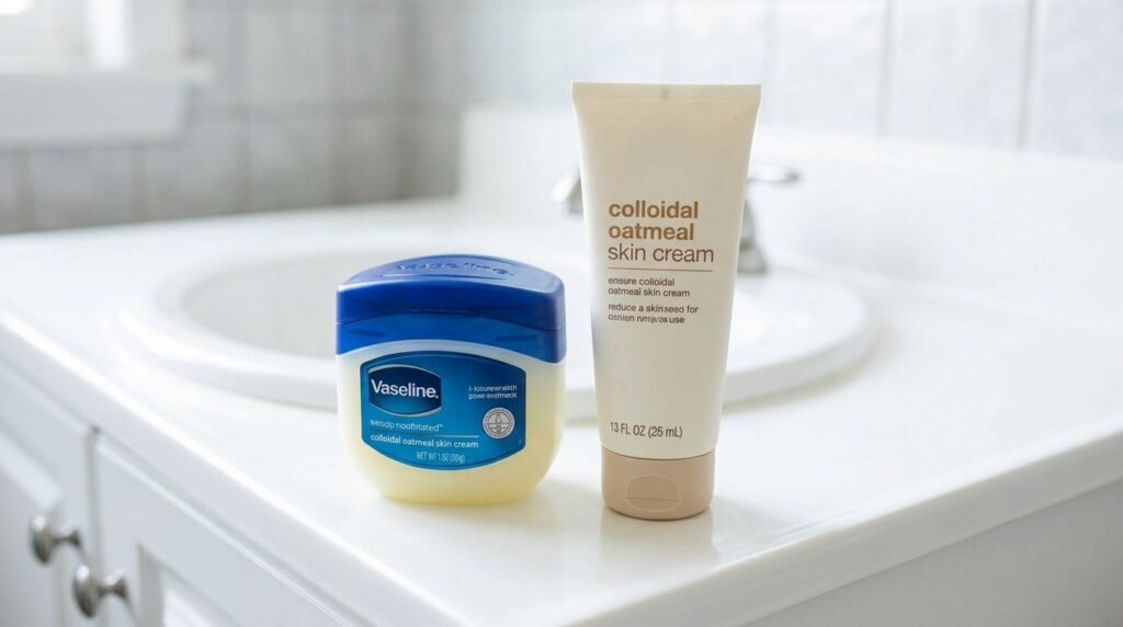 Two containers side-by-side a blue tub of Vaseline Original Petroleum Jelly and a tube of Colloidal Oatmeal Skin Cream p