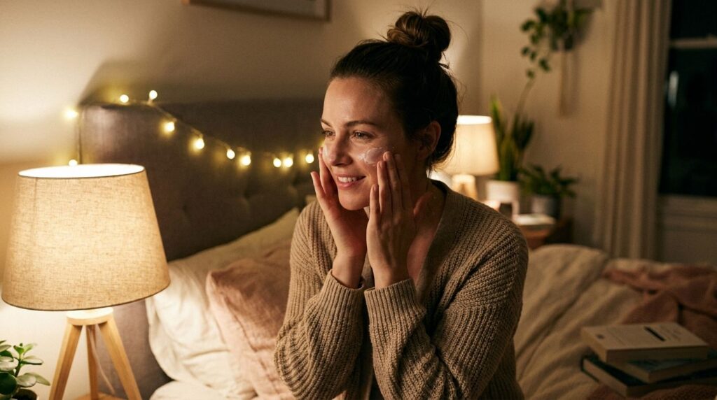 A woman gently applying the homemade Vaseline and colloidal oatmeal cream to her face at night with a soft glowing compl