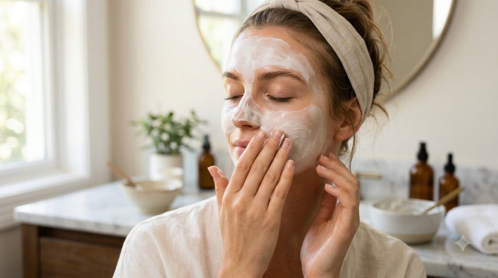 A person gently applying a DIY facial mask to their clean youthful-looking face with their fingertips in a soft bright b