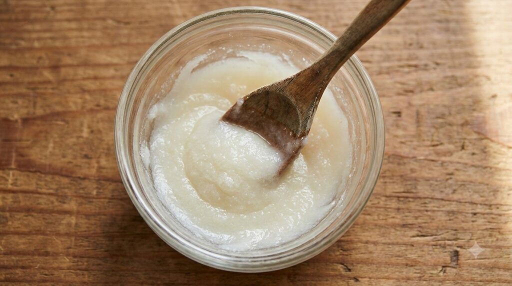 Close-up of a small glass bowl on a wooden table containing a mix of Vaseline and baking soda being stirred with a small