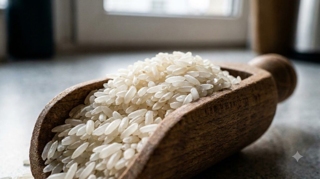 Close-up of uncooked white rice grains in a wooden scoop