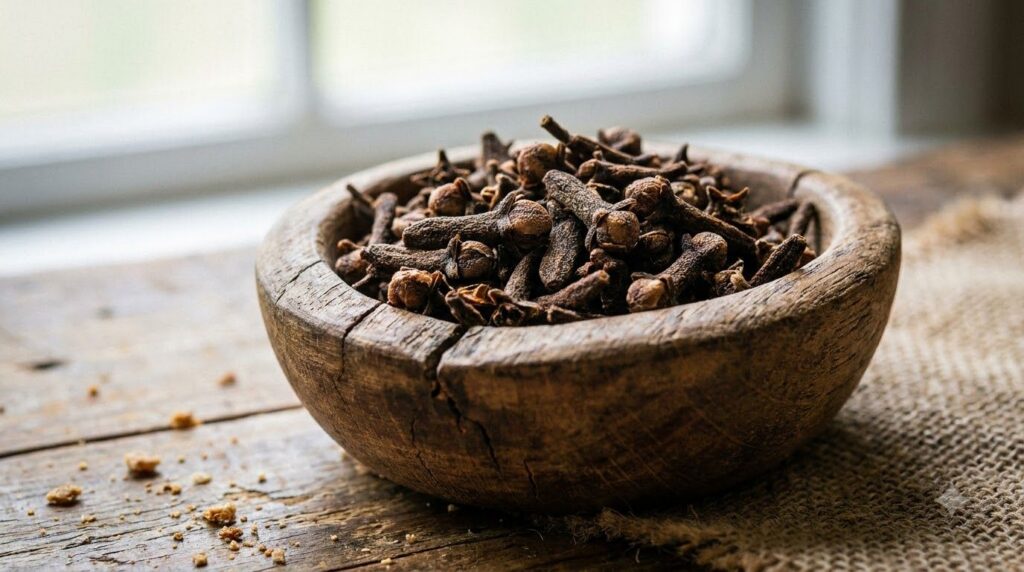 Close-up of dried cloves in a small bowl ready for infusion