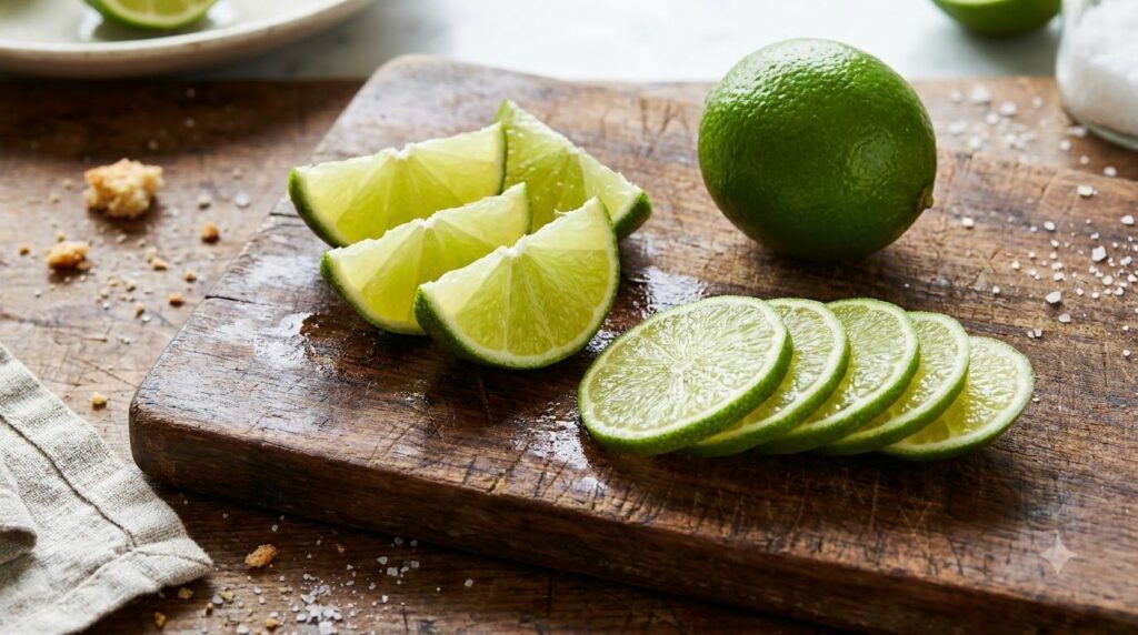 Fresh lime slices next to a whole lime on a rustic surface