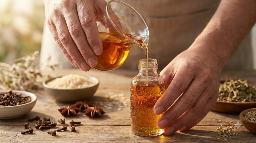 A pair of hands pouring infused baby oil into a decorative bottle after straining with natural ingredients visible in th