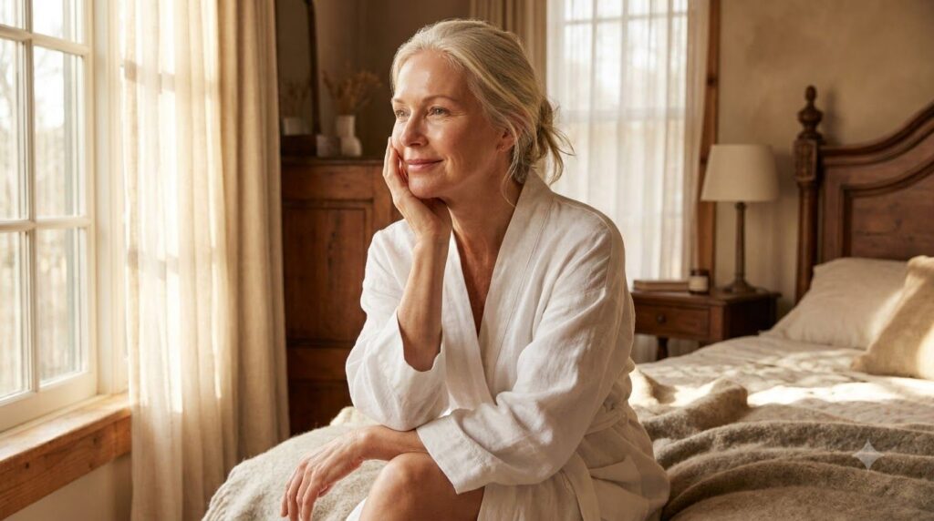 A woman in her late 50s or early 60s with clear glowing skin gently touching her cheek smiling confidently in a soft nat