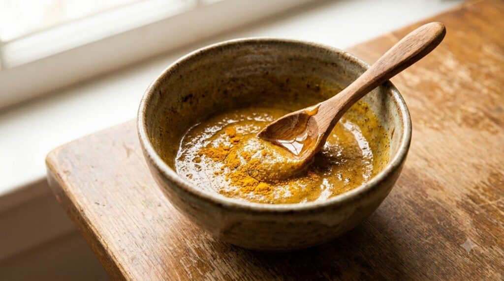 Close-up of a small bowl containing a mixture of coffee grounds honey and a pinch of turmeric powder with a mixing spoon