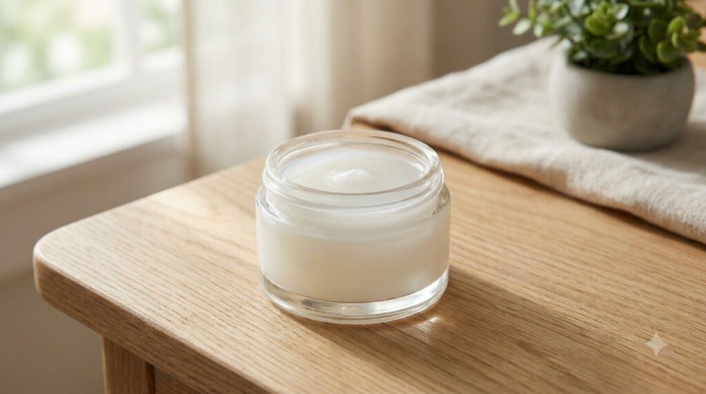 A small clear glass jar containing the mixed Vaseline and Panthenol gel balm with a smooth glossy texture next to a fres