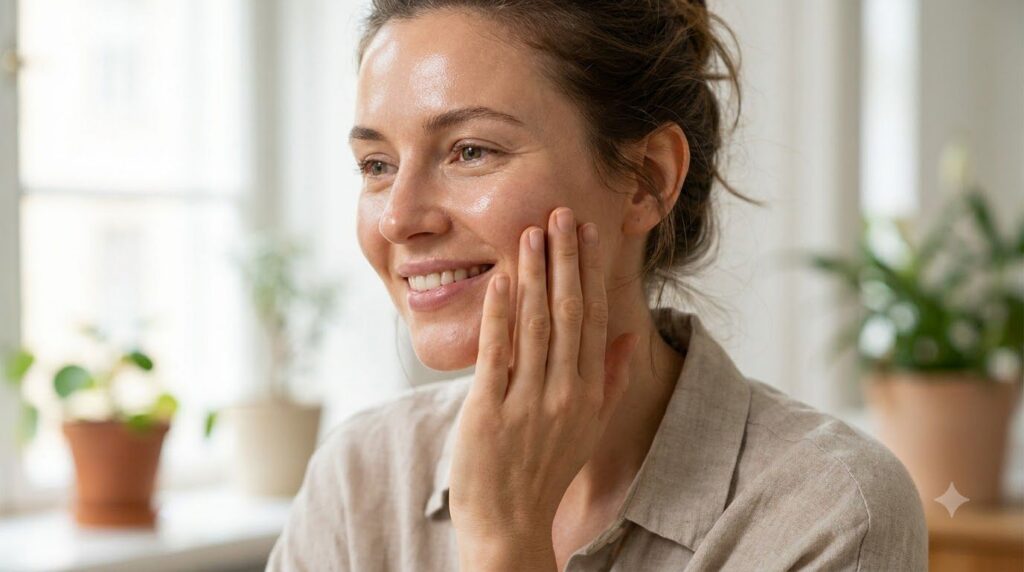 A woman gently touching her radiant glowing and smooth skin on her cheek smiling slightly with soft natural light highli