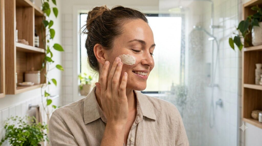 A woman gently applying a homemade natural face mask to her cheek in a well-lit bathroom with a soft glowing complexion