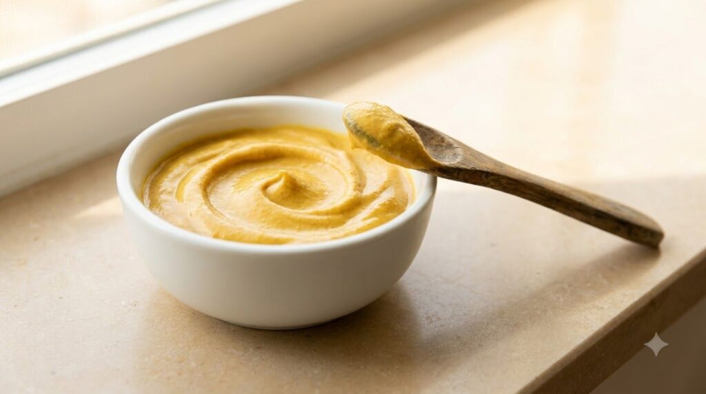 A close-up of a small clean bowl containing the mixed petroleum jelly turmeric and honey mask with a spoon beside it rea