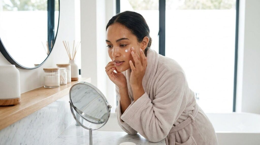 A woman applying a small amount of cream to her under-eye area demonstrating gentle skincare