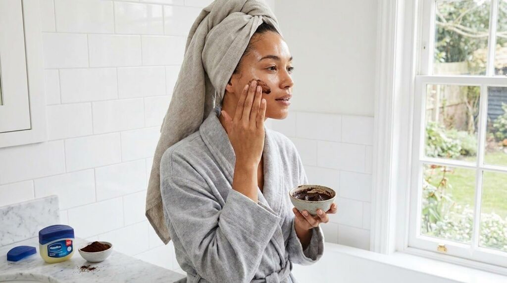 A person gently applying a coffee and Vaseline mixture to their face as a DIY mask focusing on glowing skin and anti-agi