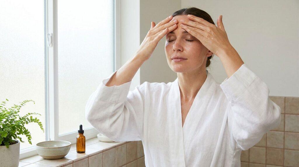 A woman gently massaging a few drops of oil onto her clean face with her fingertips focusing on her forehead and eye are