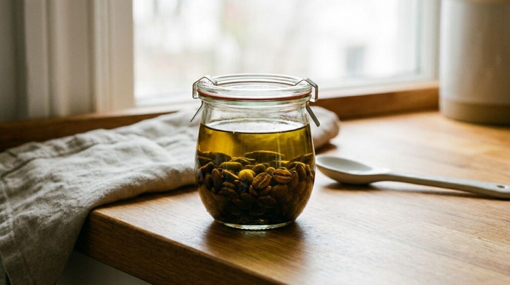 A close-up of a small glass jar with whole coffee beans submerged in golden olive oil The jar is sealed and sitting on a