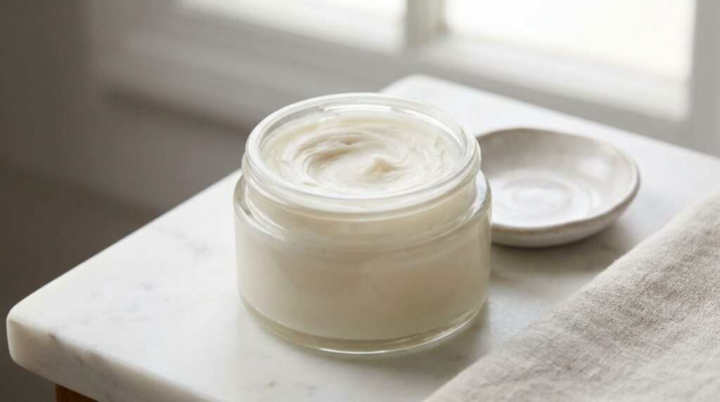 A small clear glass jar filled with the prepared Vaseline and kaolin clay balm showing its smooth creamy texture placed 
