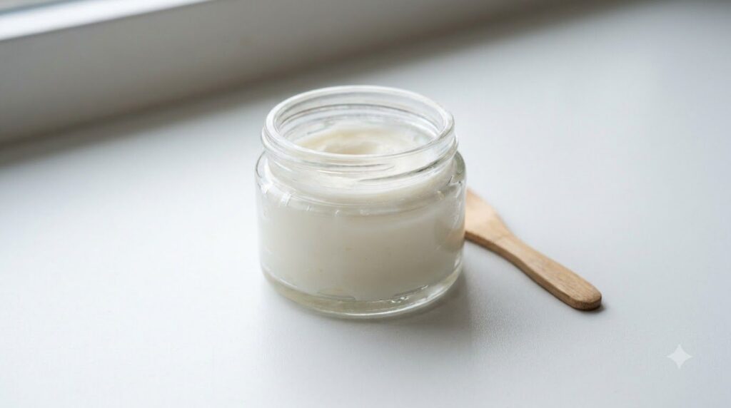 A small clear glass jar filled with a smooth white creamy balm possibly with a small label and a few raw ingredients Vas