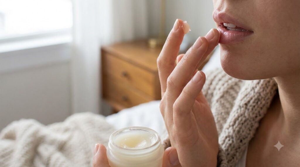A close-up of a hand gently applying a small amount of Vaseline to lips showcasing simple and effective skincare