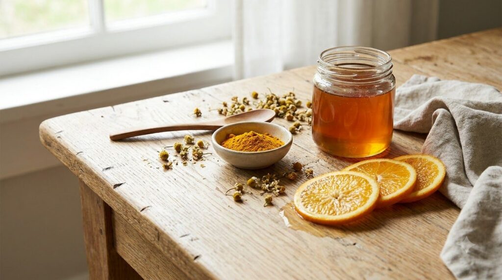 A close-up of various natural ingredients like honey turmeric powder and fresh orange slices laid out aesthetically on a