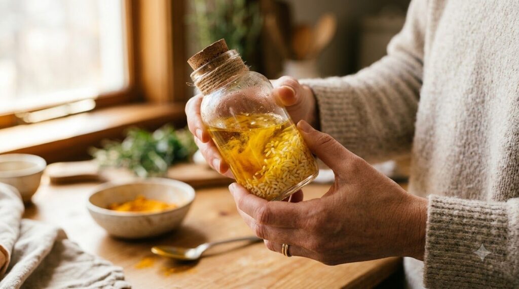 Close-up of a small glass bottle filled with baby oil turmeric powder and rice grains being gently shaken to mix the ing
