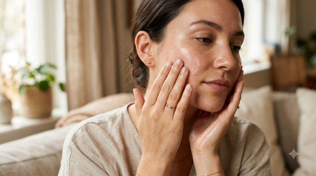 A person s hands gently massaging a mixture of Vaseline and Vitamin E onto their face with a soft glowing complexion