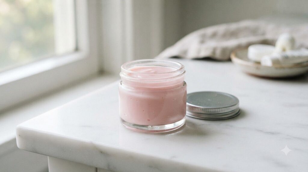 Small jar of the mixed calamine and Vaseline balm on a vanity