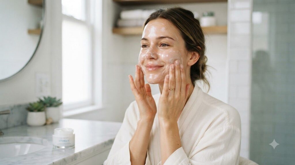 A person s hands gently applying moisturizer to their glowing freshly cleansed face with a soft natural expression