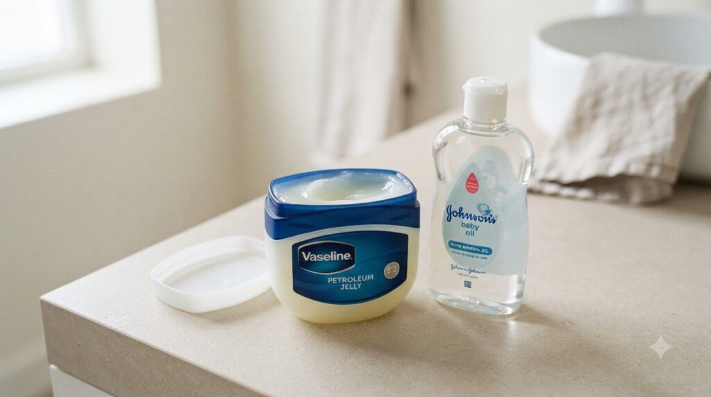 Close-up of Vaseline petroleum jelly and a bottle of baby oil on a clean light surface highlighting their smooth texture
