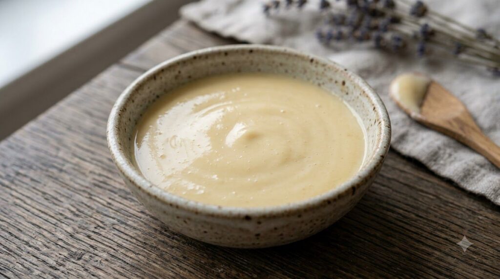 A close-up of a smooth creamy face mask mixture of yogurt and honey in a small bowl
