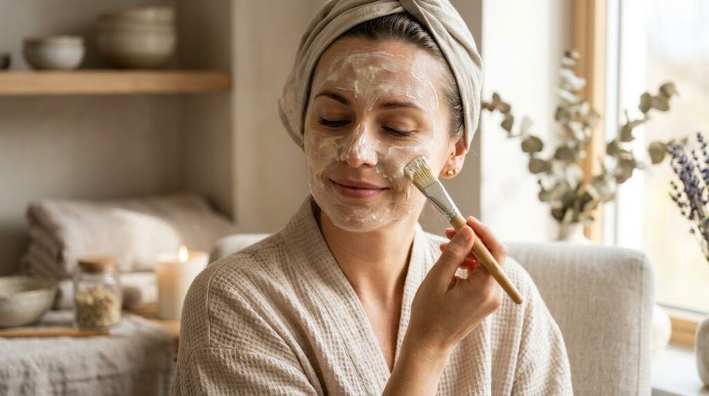 A woman gently applying a homemade yogurt and honey mask to her face with a soft brush her eyes closed in a moment of re