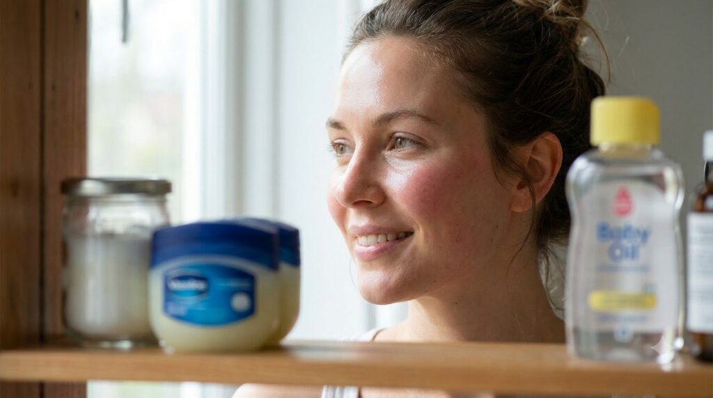 Close-up of a glowing dewy face with slightly rosy cheeks emphasizing healthy hydrated skin A small jar of Vaseline and 