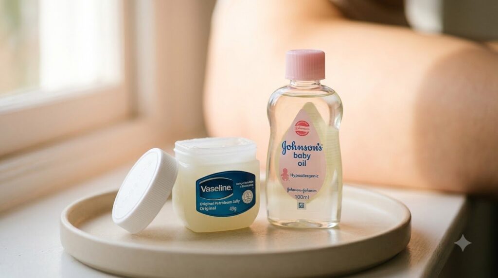 Close-up shot of a small jar of Vaseline and a bottle of baby oil on a clean glowing skin background perhaps next to a s