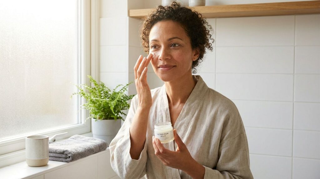 A woman gently applying a tiny amount of Vaseline under her eye focusing on the delicate skin with a soft natural glow
