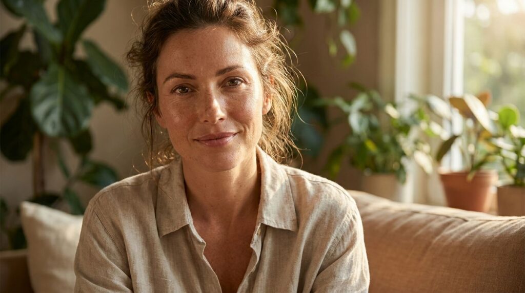 A woman smiling with clear glowing skin subtly highlighting the benefits of a consistent skincare routine with Vaseline
