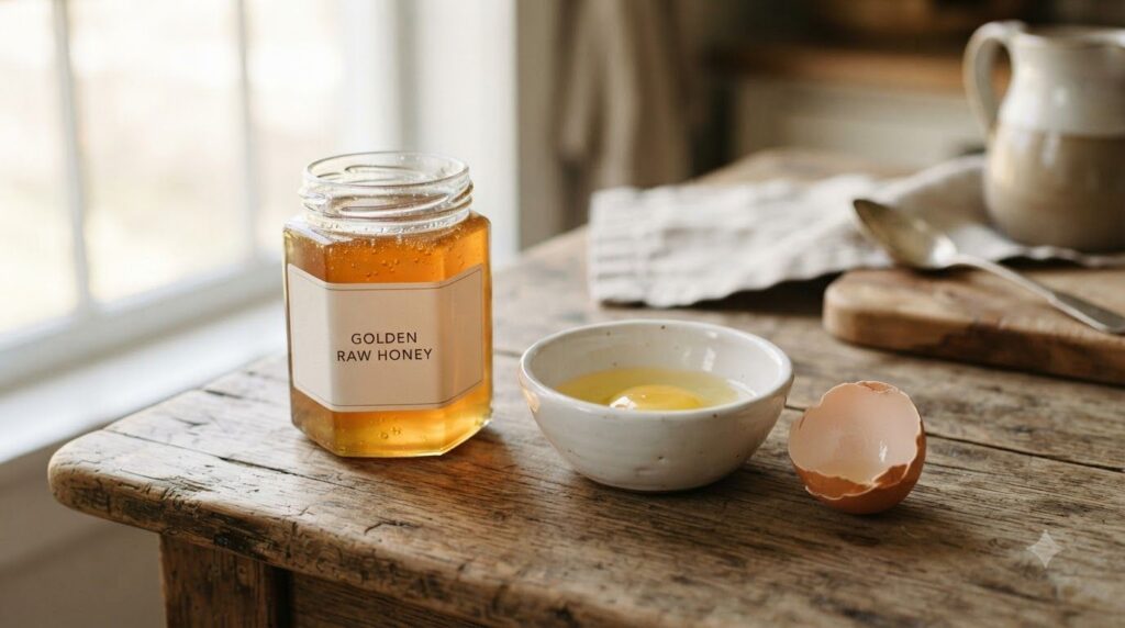A jar of raw honey next to a white ceramic bowl with an egg and an eggshell showing the separated egg white