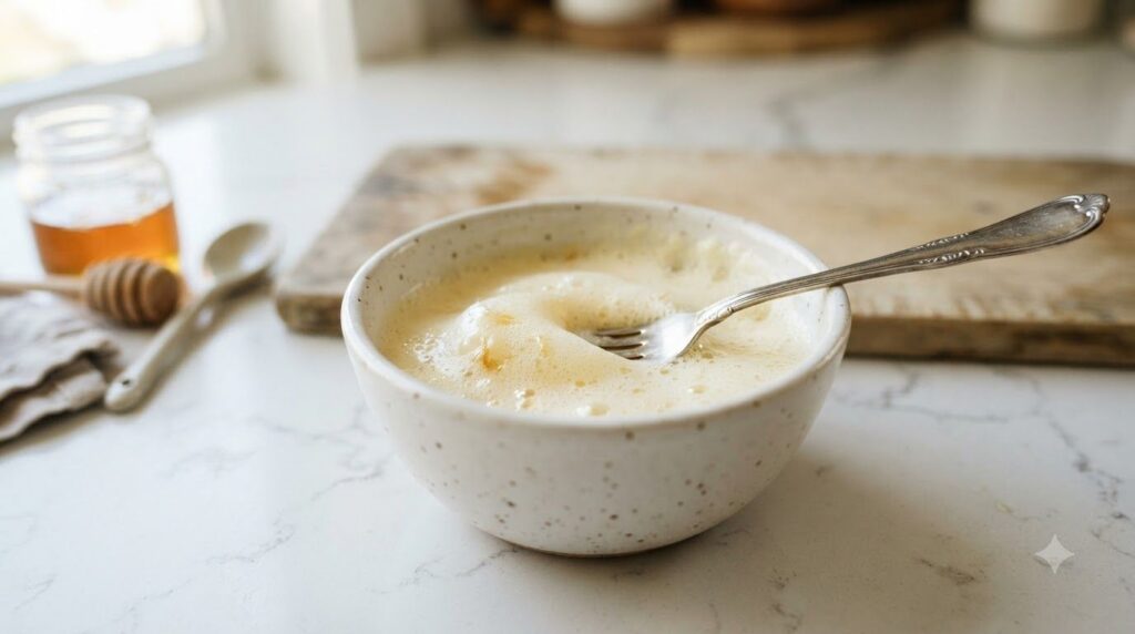 Close-up of a bowl containing whisked egg white and honey mixture with a fork