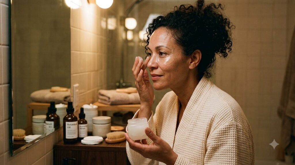 A woman applying a thin layer of Vaseline to her face as part of her evening skincare routine highlighting specific area