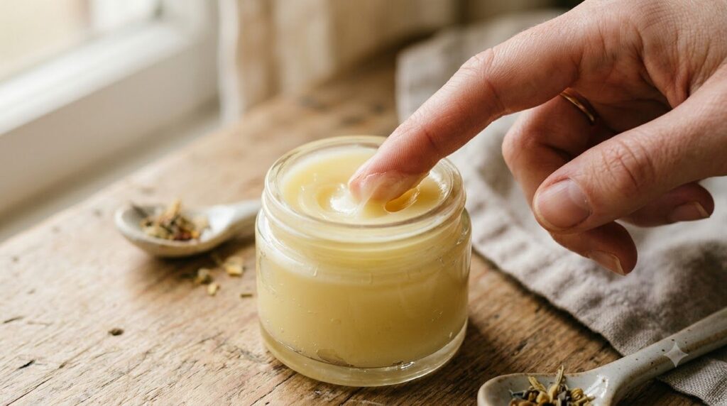 Close-up of a small glass jar filled with a creamy pale yellow homemade balm A finger is gently dabbing some of the balm