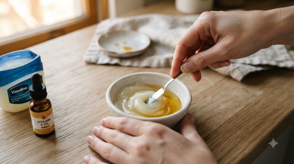 Hands mixing Vaseline and Vitamin E oil in a small bowl with a spatula creating a smooth blend