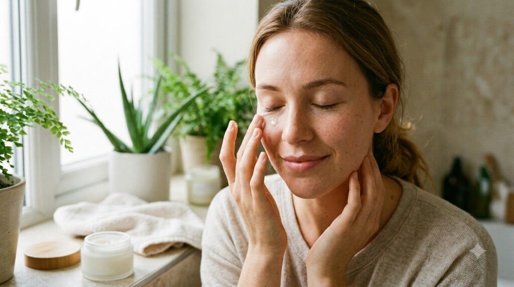 A woman gently applying a small amount of balm to her face focusing on the under-eye area with a soft natural glow