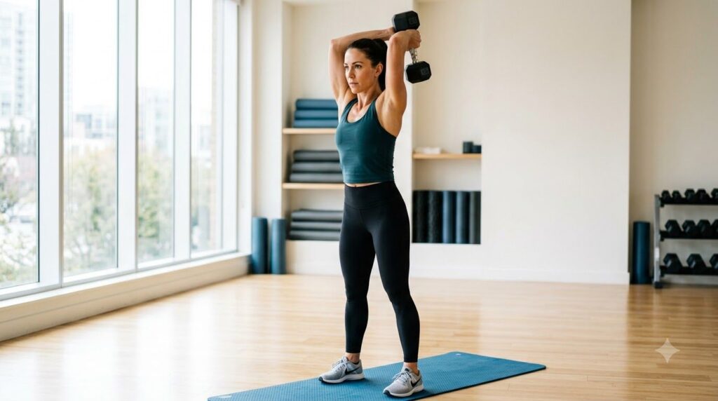 A woman demonstrating overhead triceps extensions with a dumbbell