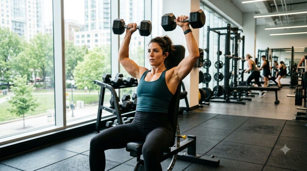 A woman demonstrating dumbbell shoulder press with proper form