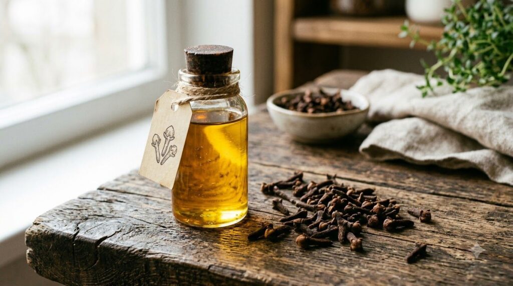 A small clear glass bottle filled with golden clove-infused oil next to a pile of dried cloves on a wooden surface