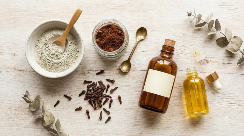 Various ingredients for the clove routine laid out on a wooden table whole cloves ground cloves a jar of jojoba oil a bo
